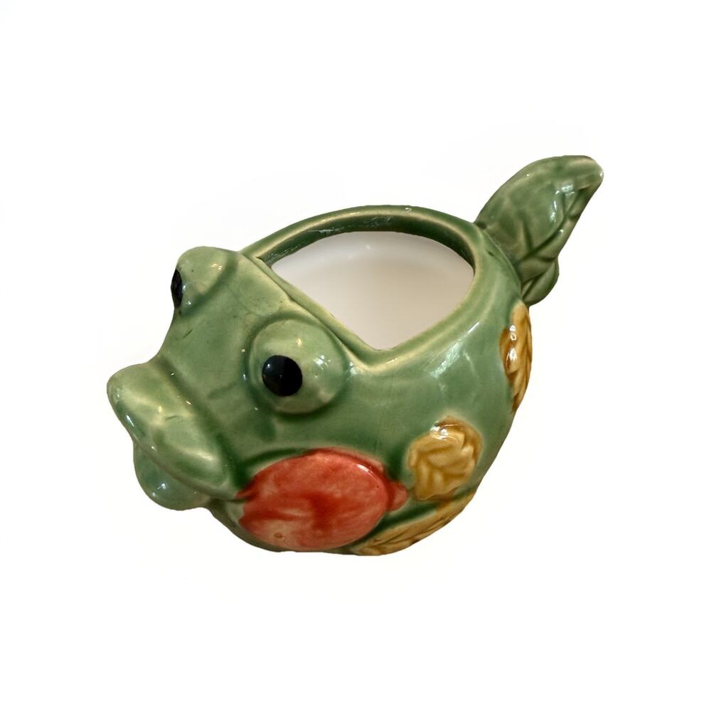 Vintage Green Fish Planter Trinket Dish Floral Red Ceramic 5”x2 “